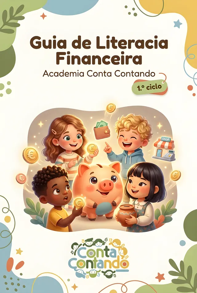 Capa do eBook Guia de Literacia Financeira — Academia Conta Contando — 1.º Ciclo
